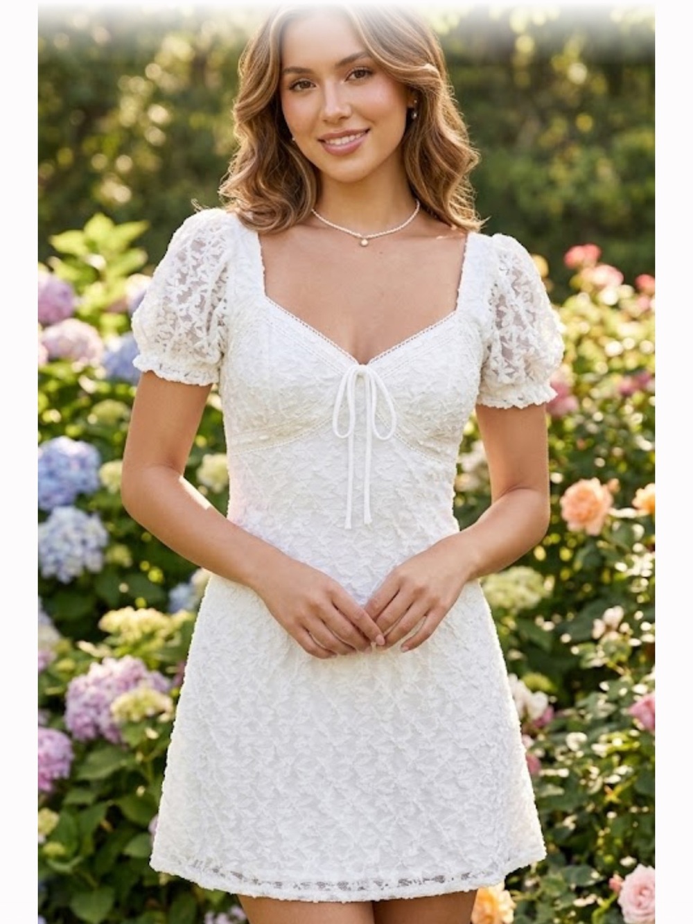 White Puff-Sleeve Lace Mini Dress with Tie-Front
